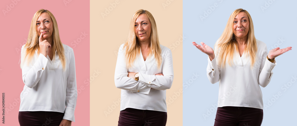 Set of Middle age blonde woman with white shirt having doubts Set of Middle age blonde woman with white shirt having doubts