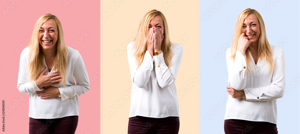 Set of Middle age blonde woman with white shirt smiling a lot Set of Middle age blonde woman with white shirt smiling a lot