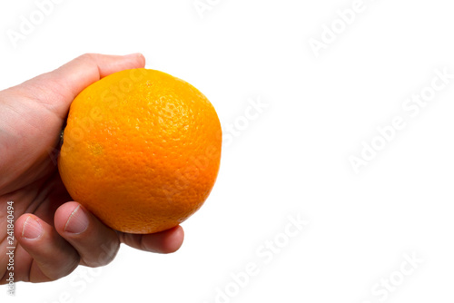 Man hand hold one orange fruit on isolated  white background