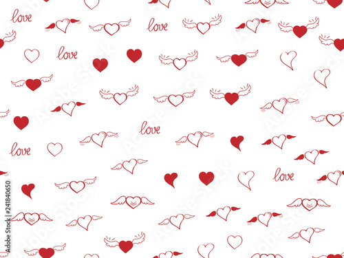 Seamless pattern with heart. Hand drown sketch hearts with wings and love. Happy Valentines day background. Heart and love background. Red love heart on white background. Vector design greeting card