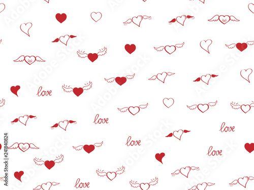 Seamless pattern with heart. Hand drown sketch hearts with wings and love. Happy Valentines day background. Heart and love background. Red love heart on white background. Vector design greeting card