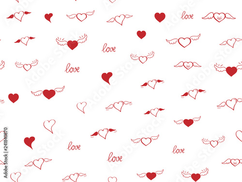 Seamless pattern with heart. Hand drown sketch hearts with wings and love. Happy Valentines day background. Heart and love background. Red love heart on white background. Vector design greeting card