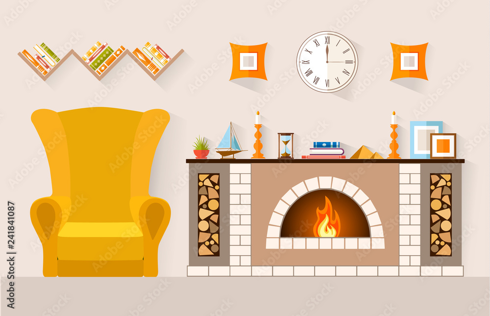 Interior of a rest room with a fireplace and a large comfortable chair. Vector illustration. Lounge in a country house.