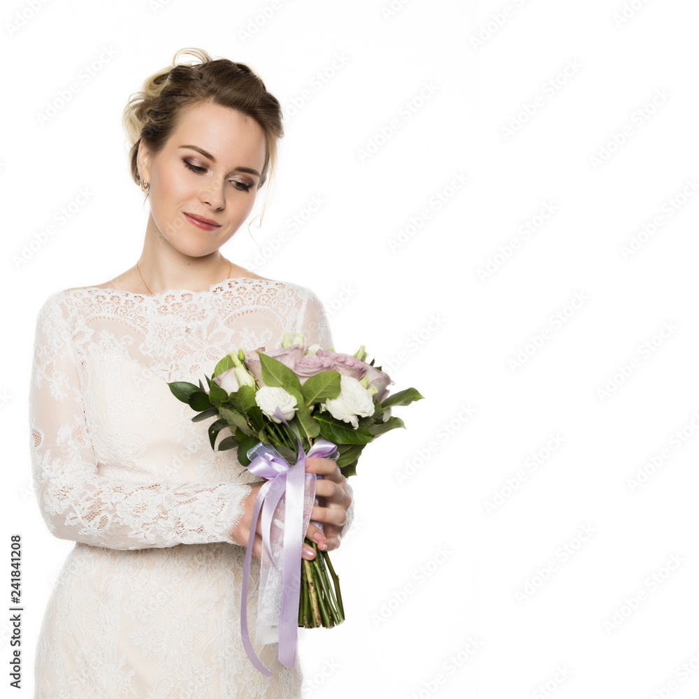 Beautiful bride with wedding bouquet in her hands. free space for your text Beautiful bride with wedding bouquet in her hands. free space for your text