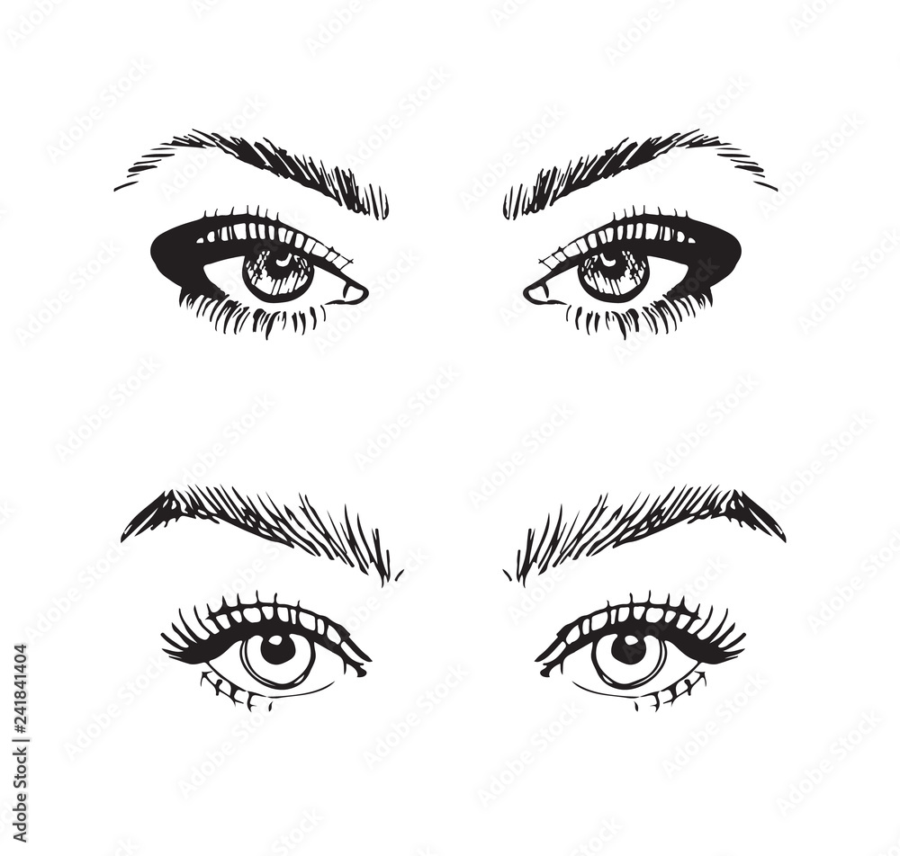 hand drawn black and white female eyes icon set. make up icon. vector illustration