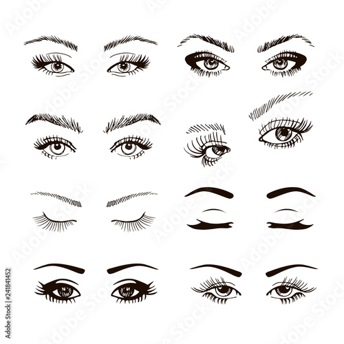 set of different female eyes with long eyelashes, hand drawn vecor illustration