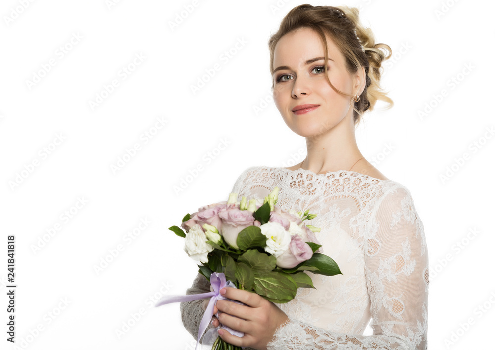Beautiful bride with wedding bouquet in her hands. free space for your text Beautiful bride with wedding bouquet in her hands. free space for your text