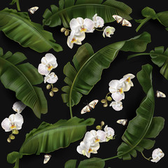 Wandcirkels Orchidee patronen Bananenbladeren met orchideeën in jungle  © purplebird