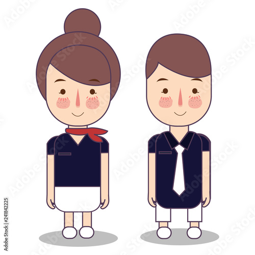 Kids in Professions. Cartoon Airplane cabin crew stewardess flight attendant. Design for childrens vector drawing illustration.