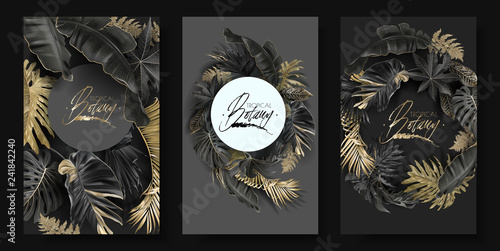 Vector round banners set with gold tropical leaves