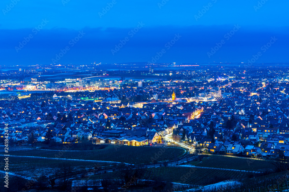 Germany, Above houses and streets of city of fellbach in blue hour atmosphere