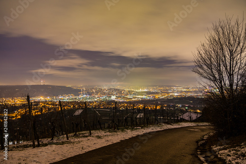 Germany, Magic night lights of stuttgart city from top of vineyard mountains