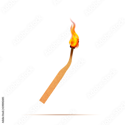 Realistic match with fire flames on white