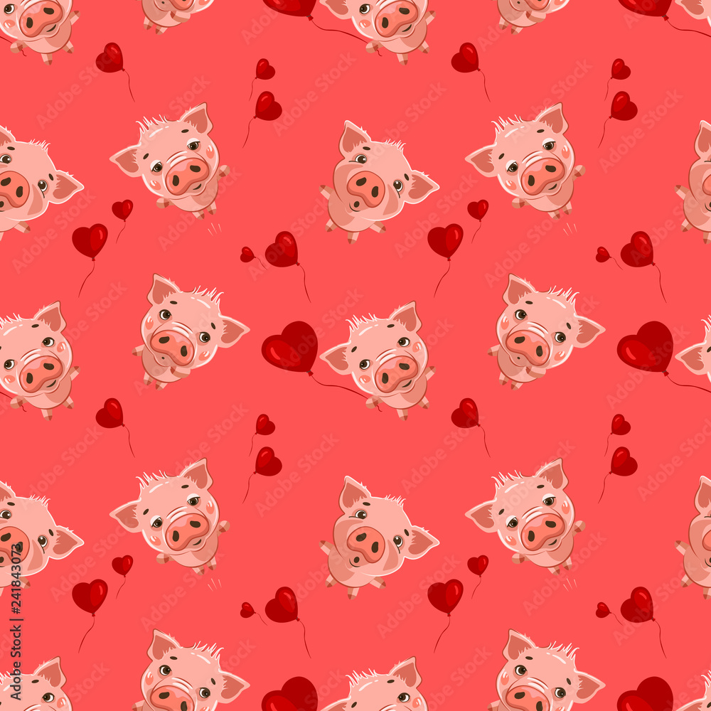 Seamless pattern with cute little emoji pigs and a hearts.  Seamless pattern for Valentine's Day.