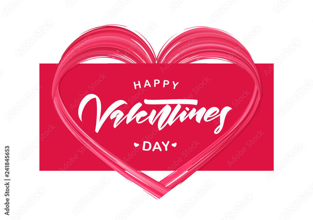 Vector illustration: Greeting card with hand lettering of Happy Valentines Day and brush stroke red paint shape of heart