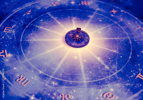 zodiac wheel on horoscope with sun pendant like astrology concept 