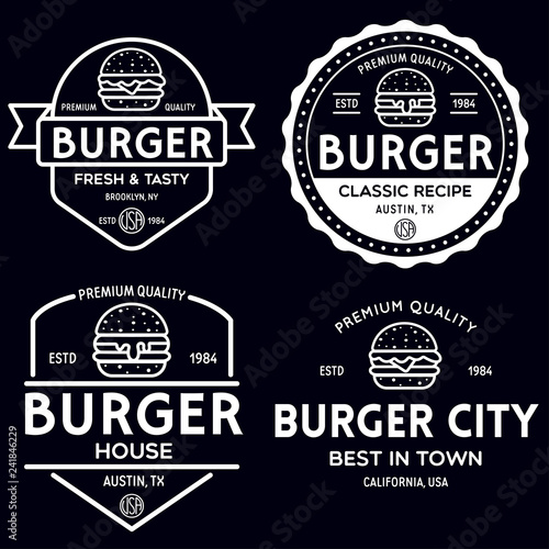 Set of badges, banner, labels and logo for hamburger, burger shop. Simple and minimal design. Vector illustration.