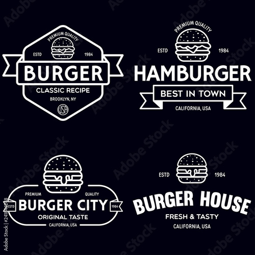 Set of badges, banner, labels and logo for hamburger, burger shop. Simple and minimal design. Vector illustration.