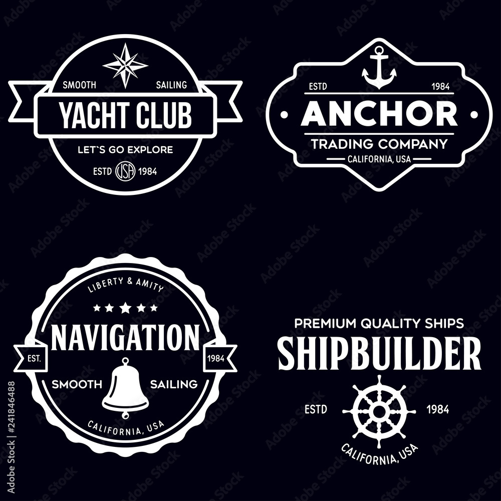 Fototapeta premium Set of sea and nautical typography badges and design elements. Templates for company logo. Marine cruise, yacht club, trading companym, shipbuilding and other themes.