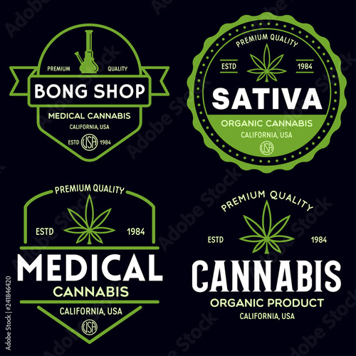 Set of Modern vintage cannabis logo labels badges templates. Medical marijuana logotypes.