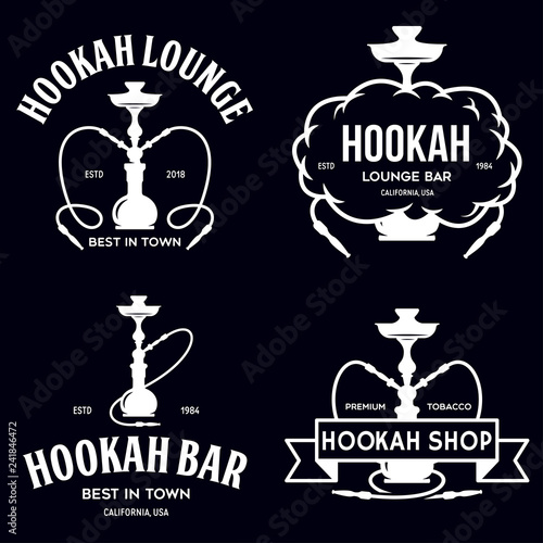 Set of hookah labels, badges and design elements. Hookah club. Shisha bar. Hookah lounge logo. Hookah pipes.