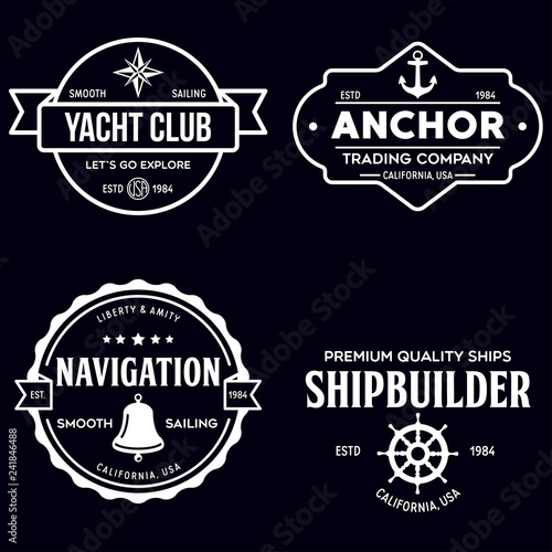 Set of sea and nautical typography badges and design elements. Templates for company logo. Marine cruise, yacht club, trading companym, shipbuilding and other themes.