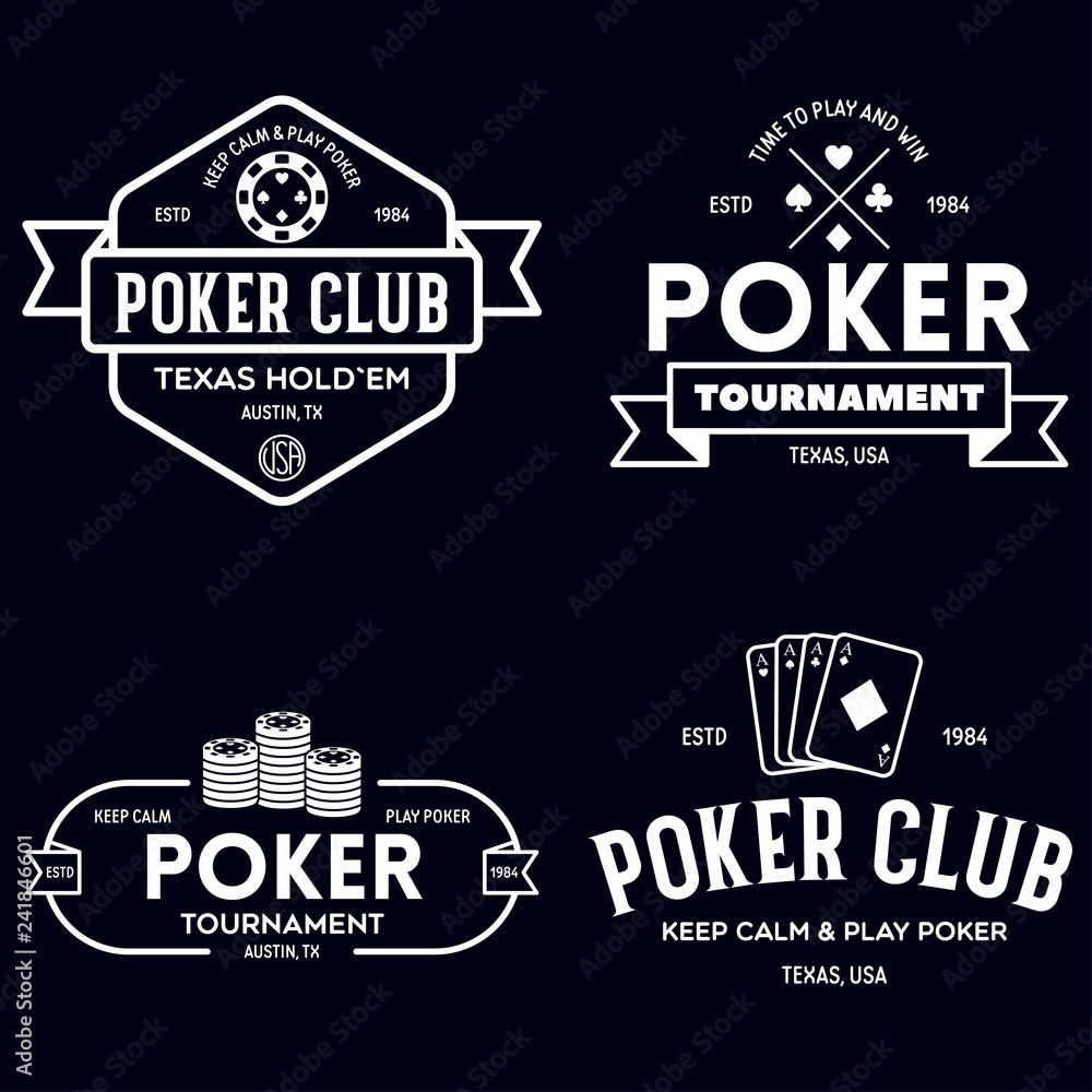 Naklejka premium Poker related labels emblems badges design elements set. Texas holdem poker club tournament logotype collection.