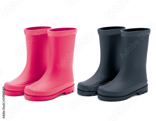 Waterproof rain rubber boots set. Realistic Vector 3d illustrati