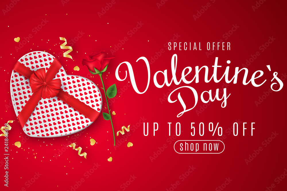 Valentine's Day web banner for sale. Top view. Romantic composition with gift box of heart and rose flower. Special offer. Big discounts. Scattered confetti. Vector illustration