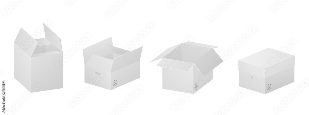 Vector collection of four beautiful realistic white carton paper boxes on white background. Vector collection of four beautiful realistic white carton paper boxes on white background.
