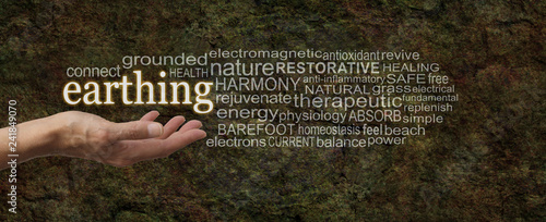 Canvas Print Earthing Word Cloud - female hand palm up outstretched with the word EARTHING fl