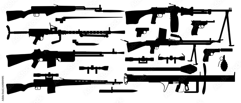 Vector set silhouettes, various military weapons. Objects pistol, machine gun, sniper rifle, grenade launcher, submachine gun. Retro, World War 2