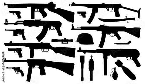 Military weapons, submachine gun silhouette vector