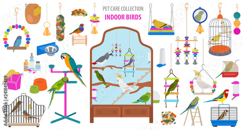 Pet appliance icon set flat style isolated on white. Birds care collection. Create own infographic about parrot, parakeet, canary, thrush, finch, jay bird, starling, amadina, siskin,  toucan, bunting