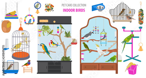 Pet appliance icon set flat style isolated on white. Birds care collection. Create own infographic about parrot, parakeet, canary, thrush, finch, jay bird, starling, amadina, siskin,  toucan, bunting