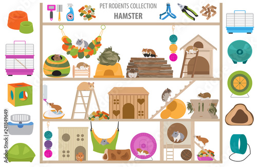 Pet rodents home accessories icon set flat style isolated on white. Healthcare collection. Create own infographic about guinea pig, rat, hamster, chinchilla, mouse, rabbit