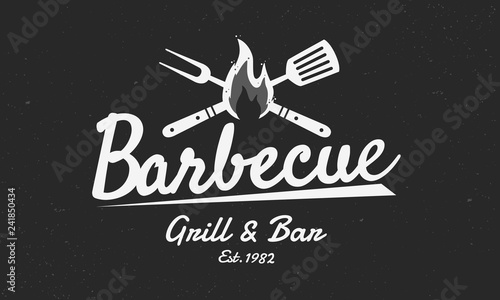 Barbecue vintage logo. Logo of Grill and Bar with fire, grill fork and spatula. BBQ logo template. Grunge texture. Vector illustration