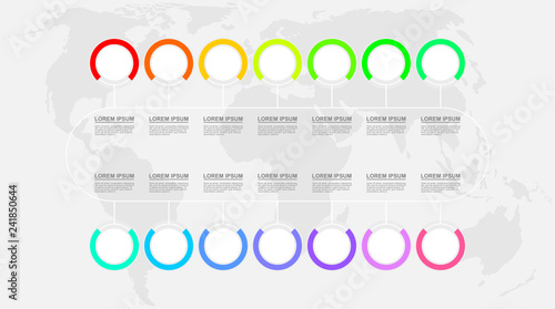 Infographic vector template for business presentation, diagram, workflow concept with 14 options on world map background