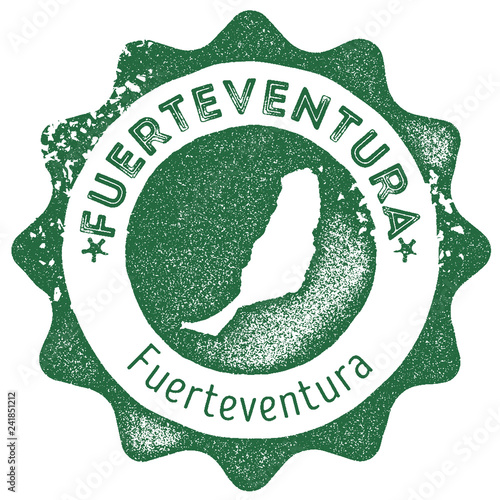 Fuerteventura map vintage stamp. Retro style handmade label, badge or element for travel souvenirs. Dark green rubber stamp with island map silhouette. Vector illustration.