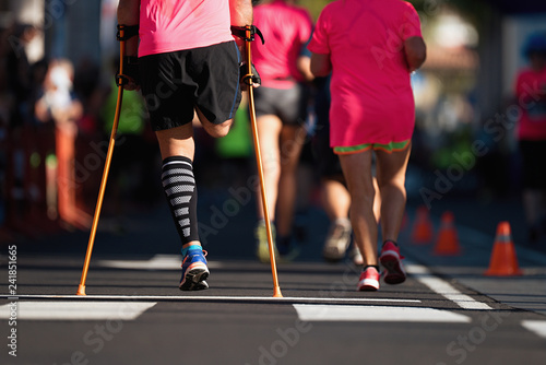 The body affected is running a marathon, amputation of the leg