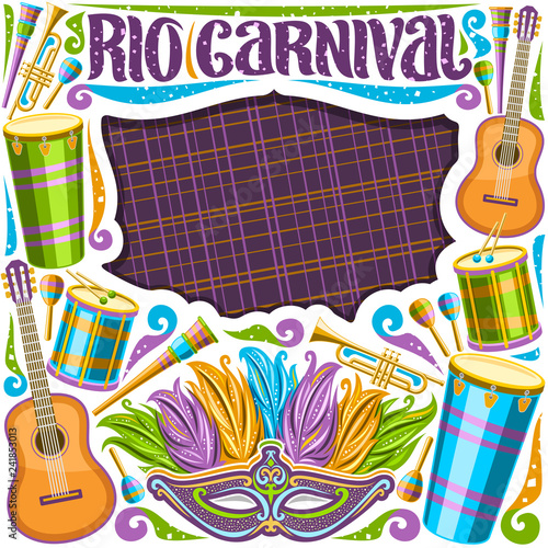 Vector frame for Rio Carnival with copy space, illustration of colorful fancy venetian mask, drums with drumsticks, layout for carnaval in Rio de Janeiro, lettering for words rio carnival on purple.