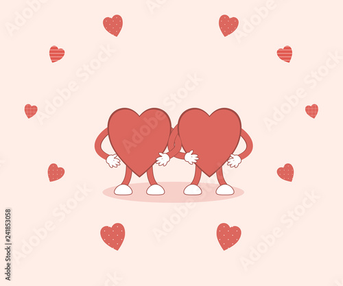 Valentine's day: cute red hearts hold hand in hand on a pink background surrounded by original hearts in polka dots, stripes and checkered.Vector illustration