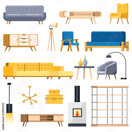 Living room modern interior isolated icons and design elements. Vector flat illustration. Cozy apartment furniture