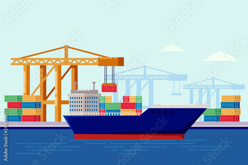 Cargo ship in port, vector flat illustration. Sea cargo delivery, warehouse and logistic industry concept.