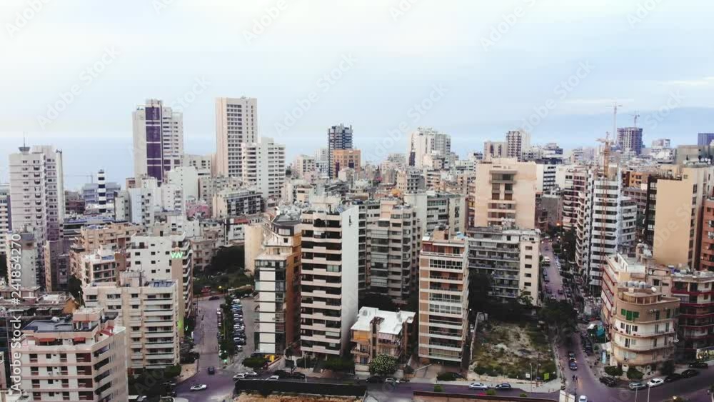 Aerial footage of downtown Beirut, Lebanon, at the sunset. Beirut
