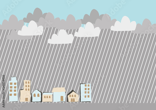 雨が降る街。 街並みのイラスト。 都市の景色。 雨のイメージイラスト。 梅雨の季節の為のイラストレーション。 季節のクリップアート。