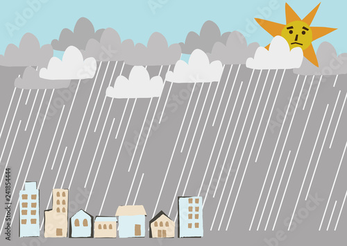 雨が降る街。 街並みのイラスト。 都市の景色。 雨のイメージイラスト。 梅雨の季節の為のイラストレーション。 季節のクリップアート。