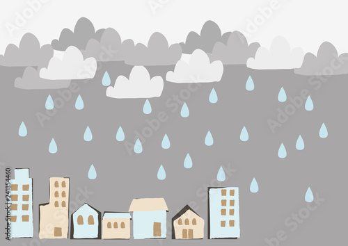 Fototapeta Naklejka Na Ścianę i Meble -  雨が降る街。 街並みのイラスト。 都市の景色。 雨のイメージイラスト。 梅雨の季節の為のイラストレーション。 季節のクリップアート。