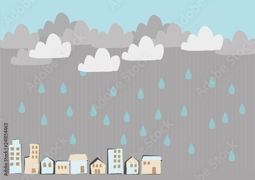 雨が降る街。 街並みのイラスト。 都市の景色。 雨のイメージイラスト。 梅雨の季節の為のイラストレーション。 季節のクリップアート。