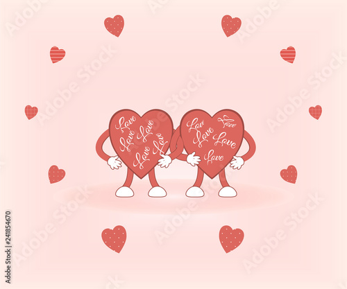 Valentine's day: cute red hearts filled with love hold hand in hand on a pink background surrounded by original hearts in polka dots, stripes and checkered.Vector illustration